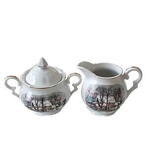 Avon Vintage 1977 Sugar Bowl & Creamer Currier and Ives Winter Scene Mill House